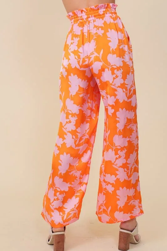 Tropical Print Wide Leg Pants - Orange/Pink