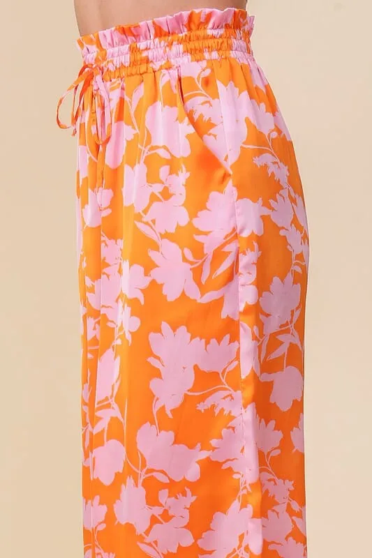 Tropical Print Wide Leg Pants - Orange/Pink