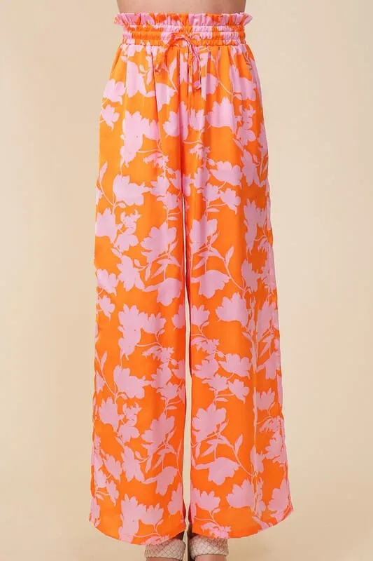 Tropical Print Wide Leg Pants - Orange/Pink