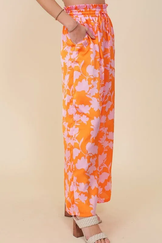 Tropical Print Wide Leg Pants - Orange/Pink