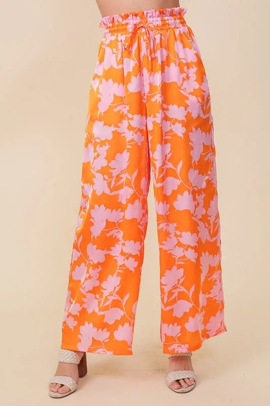 Tropical Print Wide Leg Pants - Orange/Pink