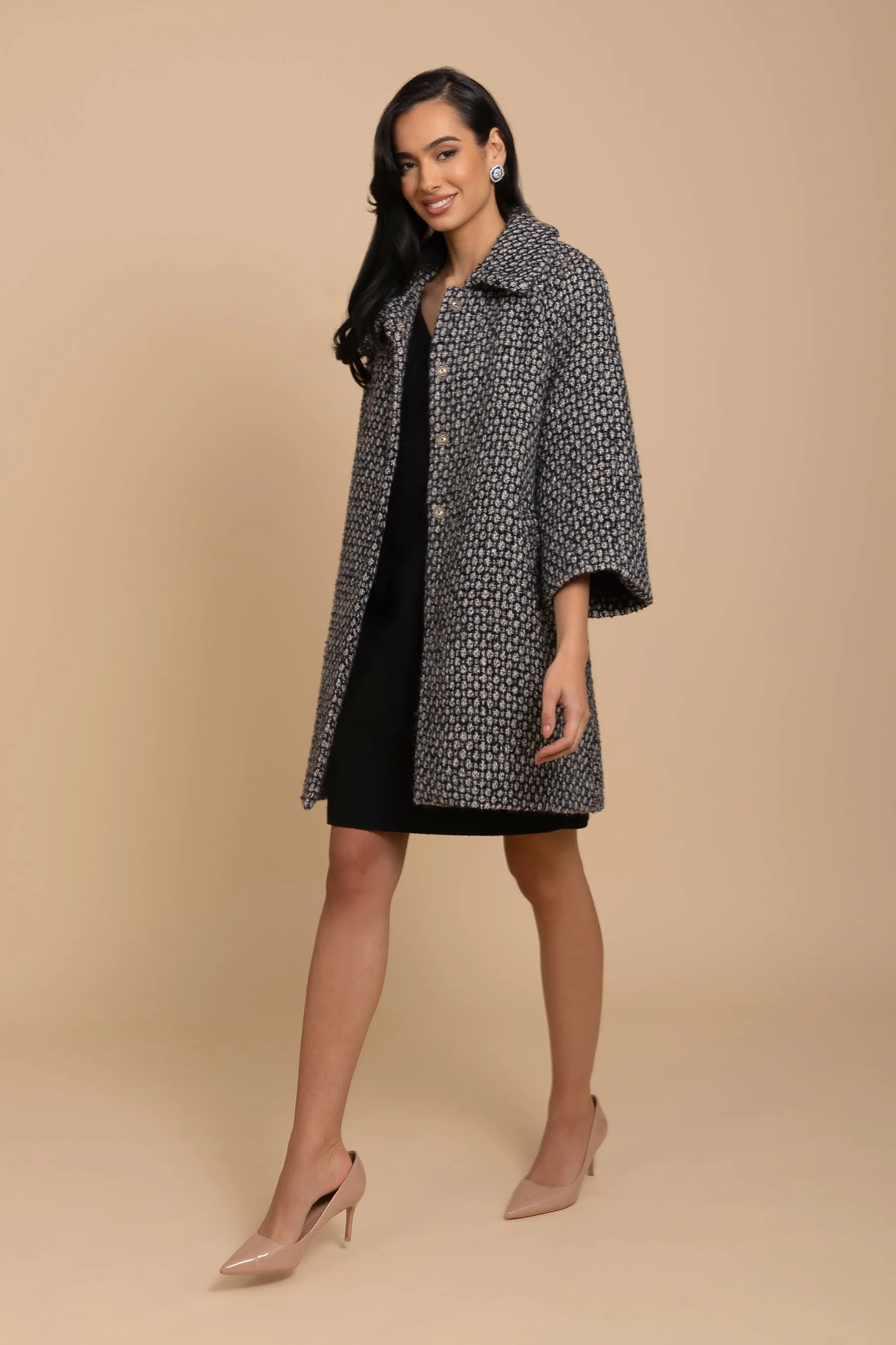 'Twiggy' Wool Tweed Swing Coat in Marino