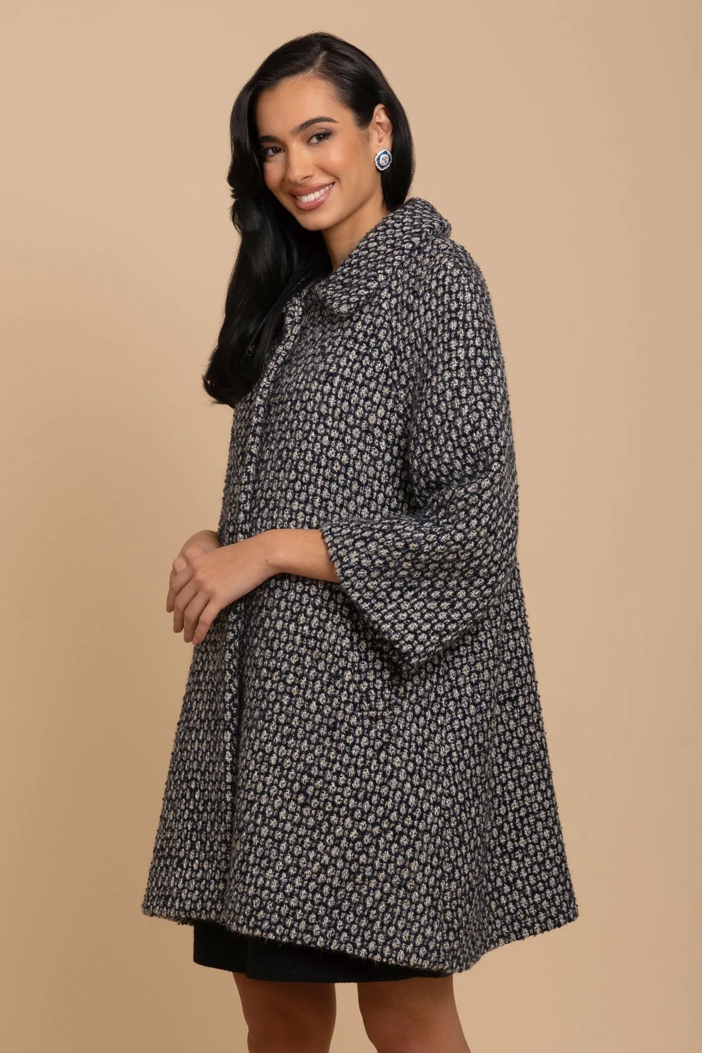 'Twiggy' Wool Tweed Swing Coat in Marino