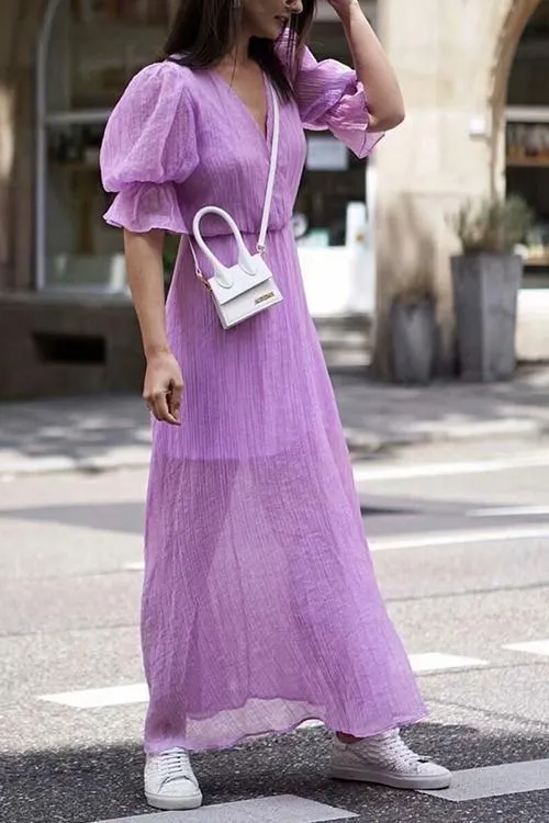 V Neck Puff Sleeve Maxi Dress