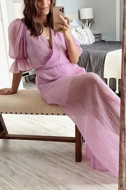 V Neck Puff Sleeve Maxi Dress