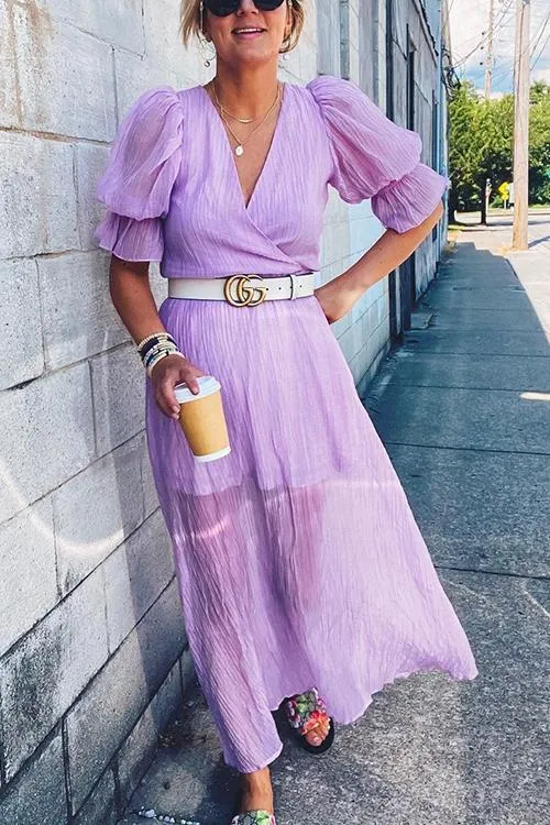 V Neck Puff Sleeve Maxi Dress