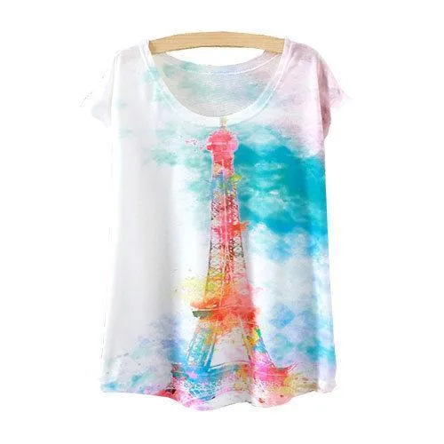 Watercolor Eiffel Tower Printed Short Sleeve Tees