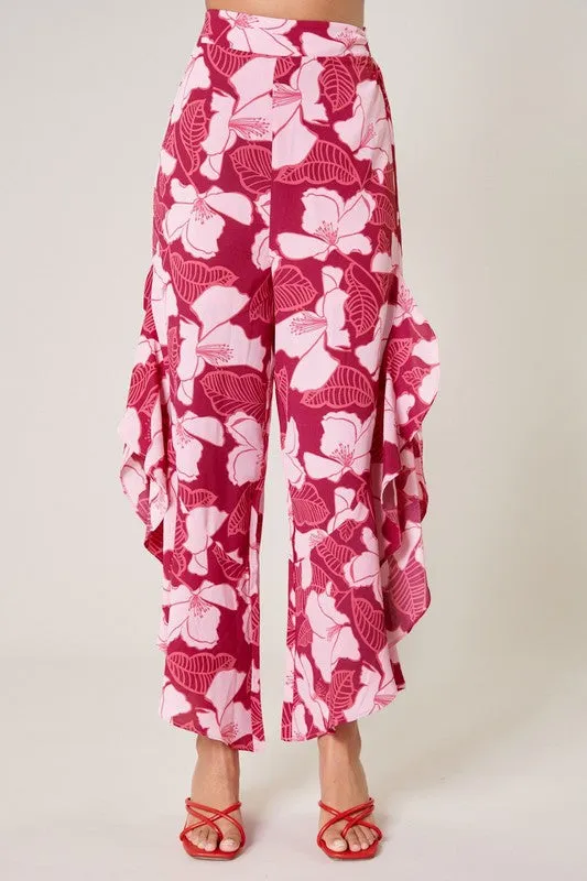 Wine-Floral Ginger Berry Asymmetrical Ruffle Pants