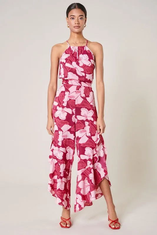 Wine-Floral Ginger Berry Asymmetrical Ruffle Pants