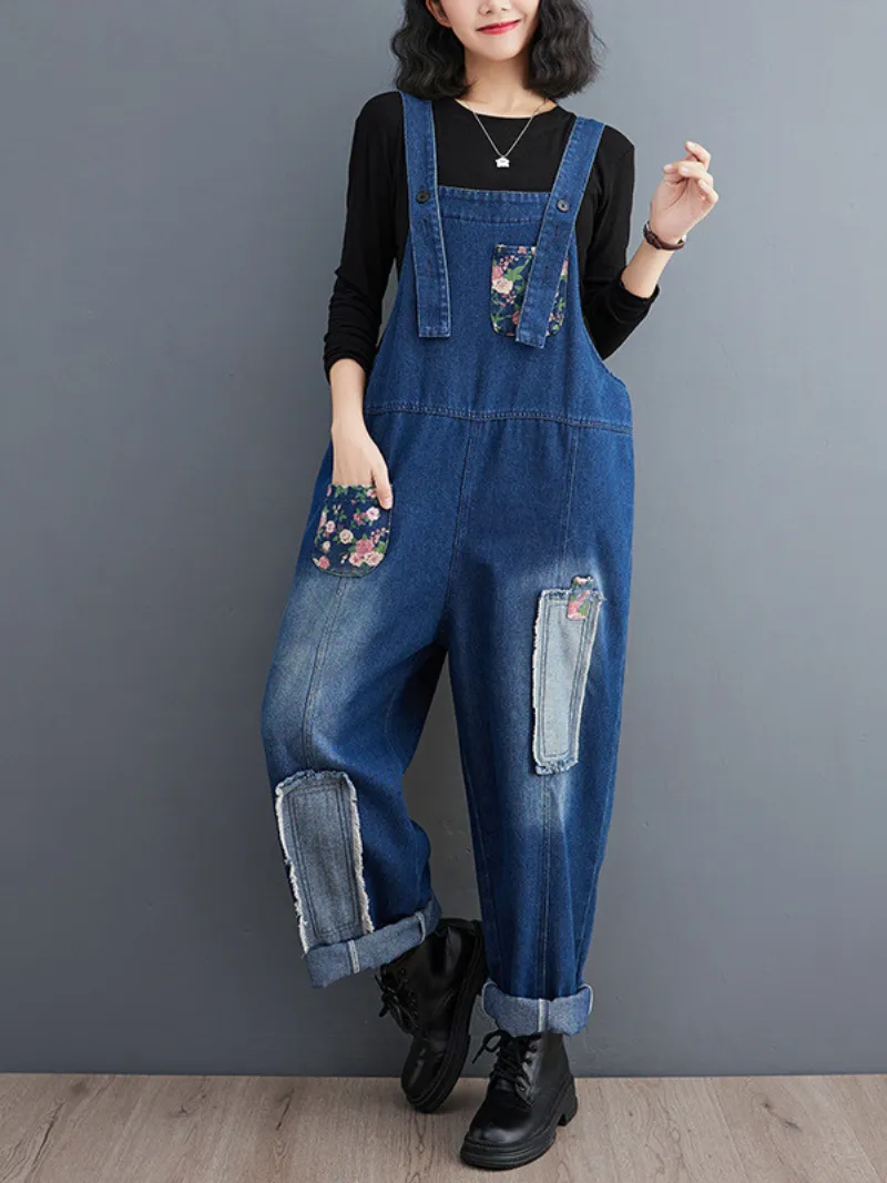 Women's Loose Casual Fashionable Embroidered Overalls Dungarees