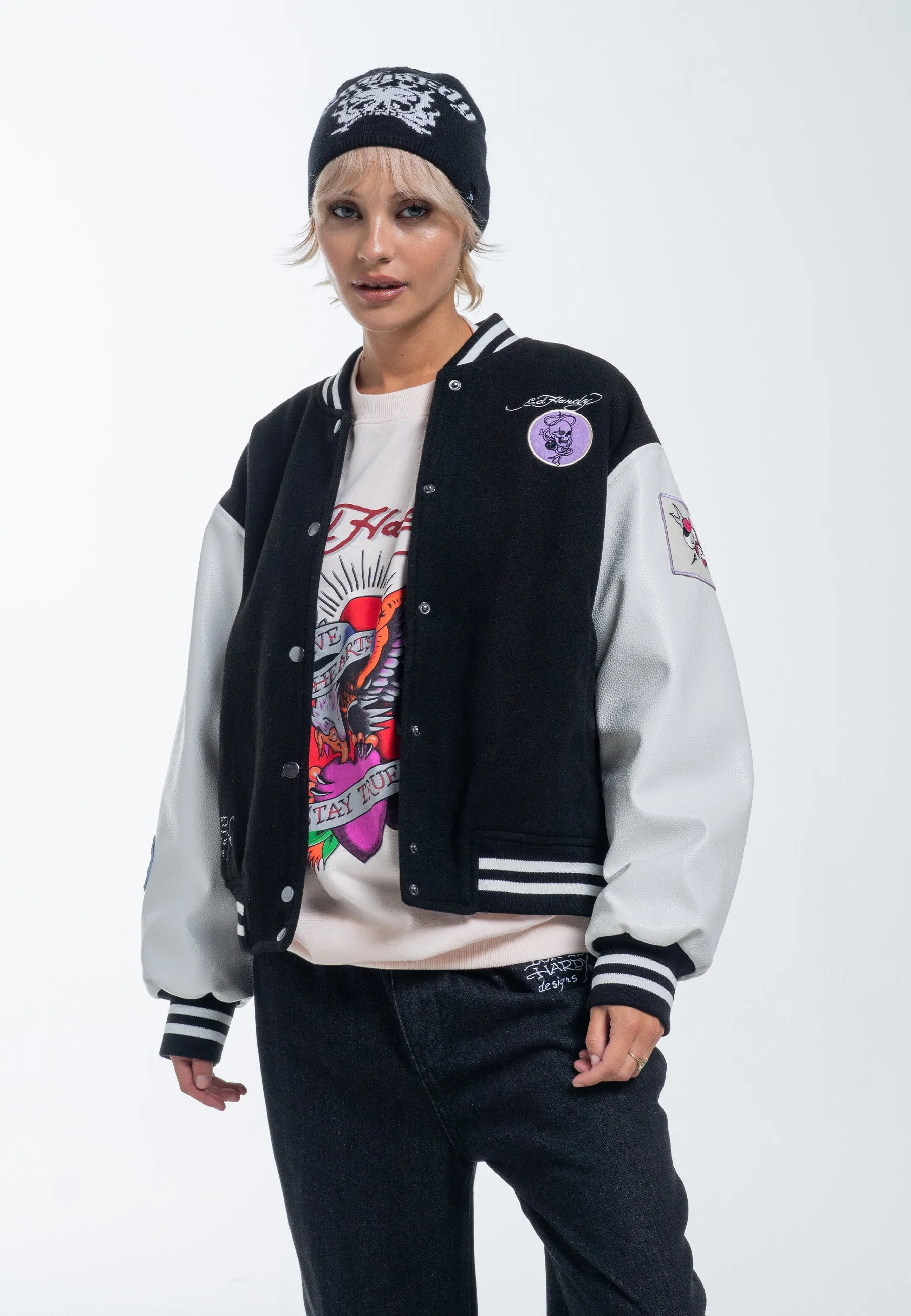 Womens Love Wrapped Varsity Bomber Jacket - Black