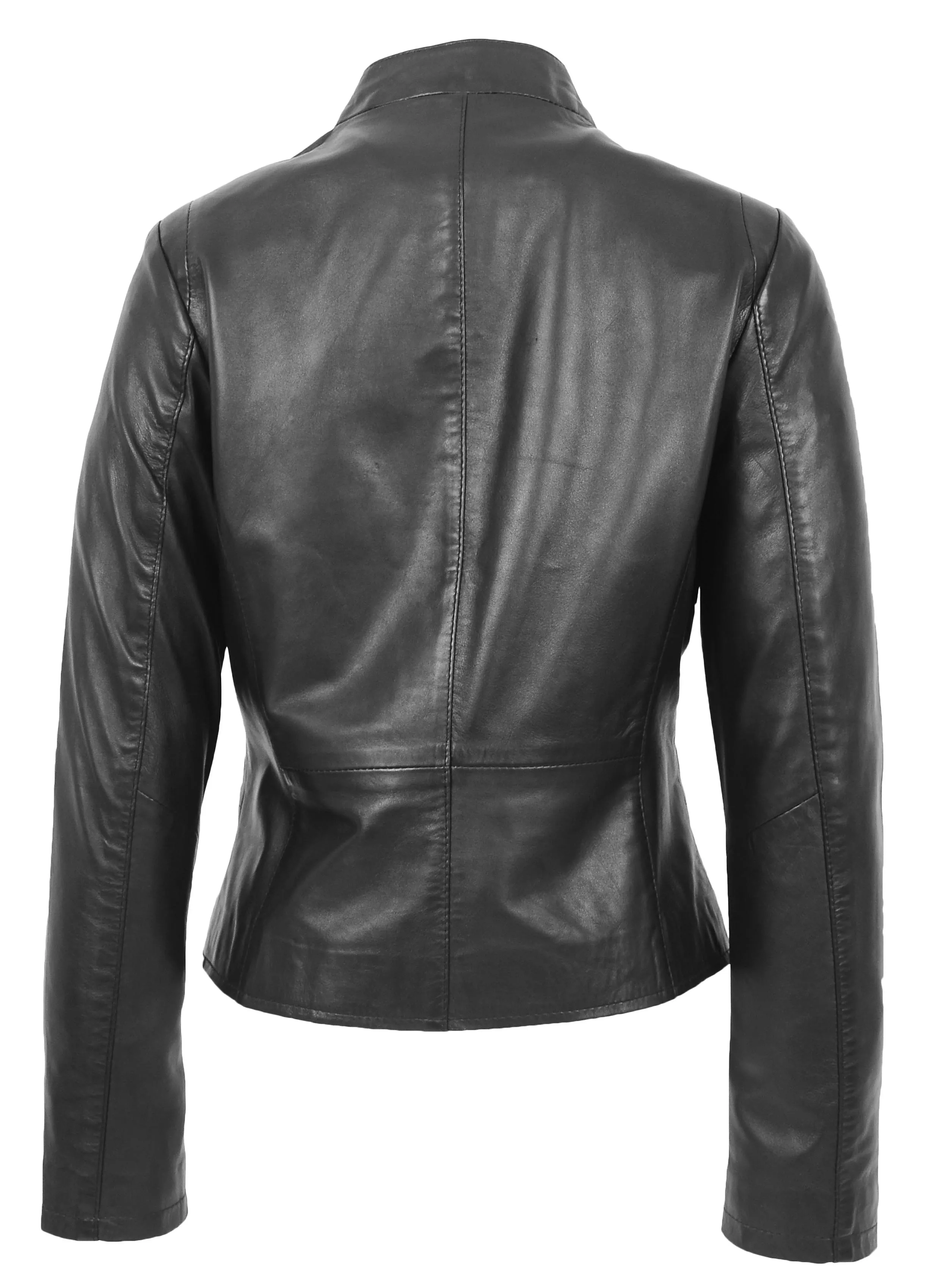 Womens Soft Black Leather Biker Jacket Stand-Up Band Collar Bliss