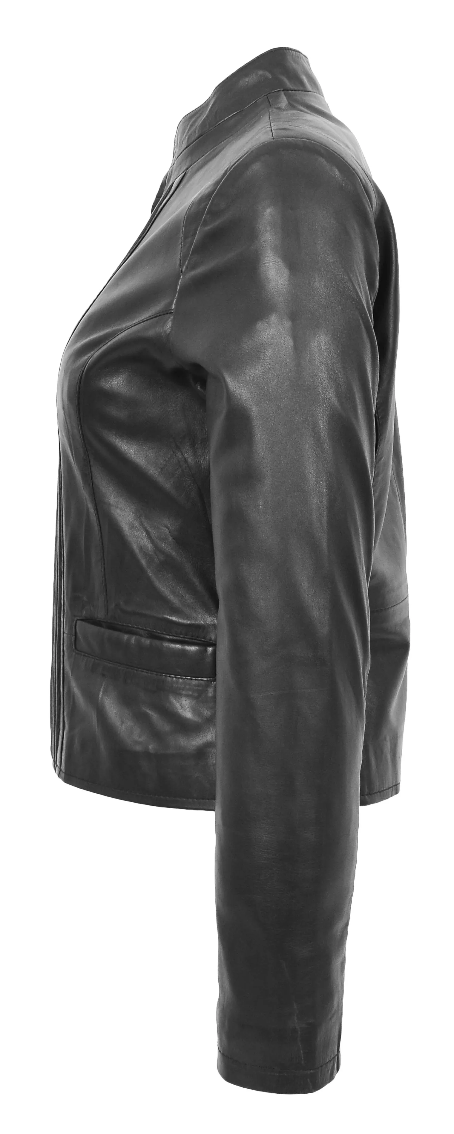 Womens Soft Black Leather Biker Jacket Stand-Up Band Collar Bliss