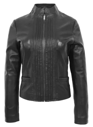 Womens Soft Black Leather Biker Jacket Stand-Up Band Collar Bliss