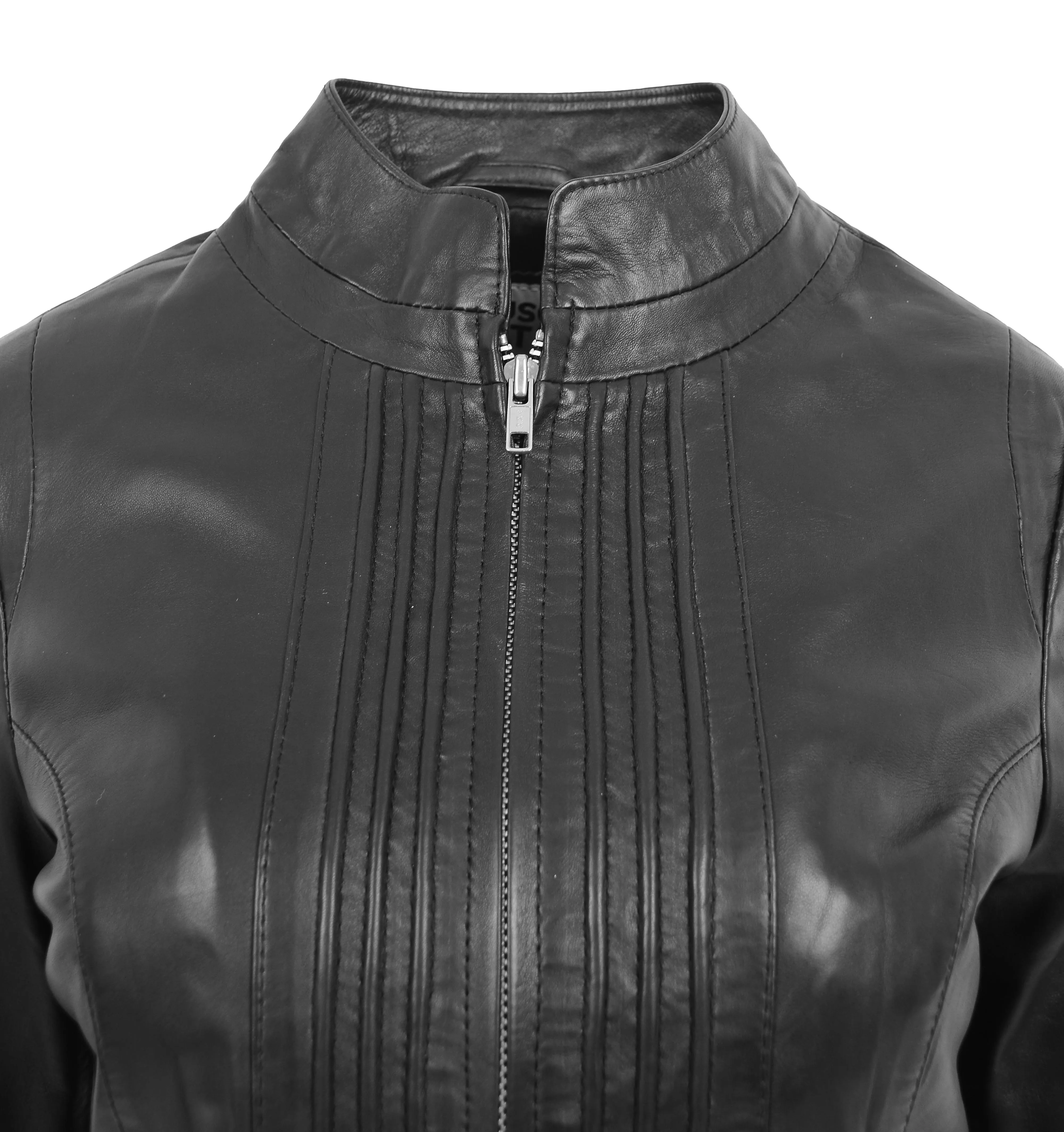 Womens Soft Black Leather Biker Jacket Stand-Up Band Collar Bliss