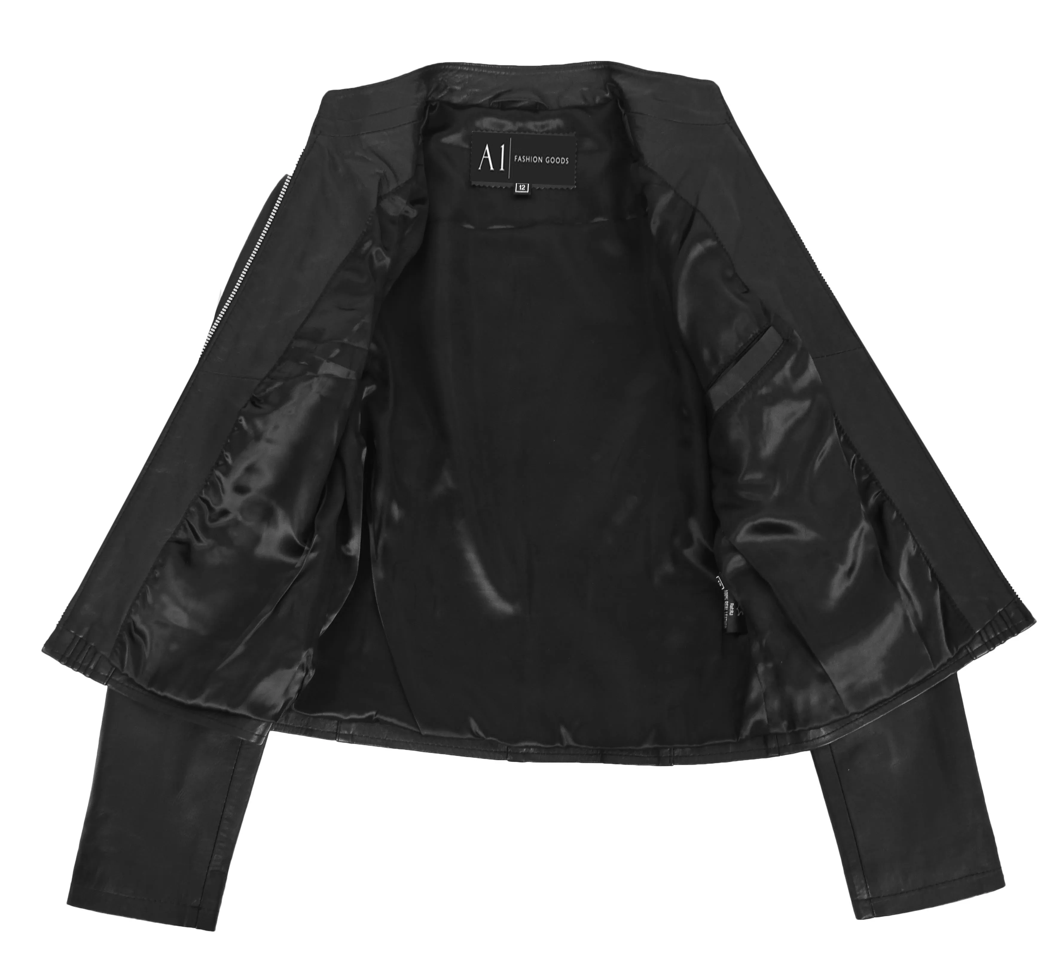 Womens Soft Black Leather Biker Jacket Stand-Up Band Collar Bliss