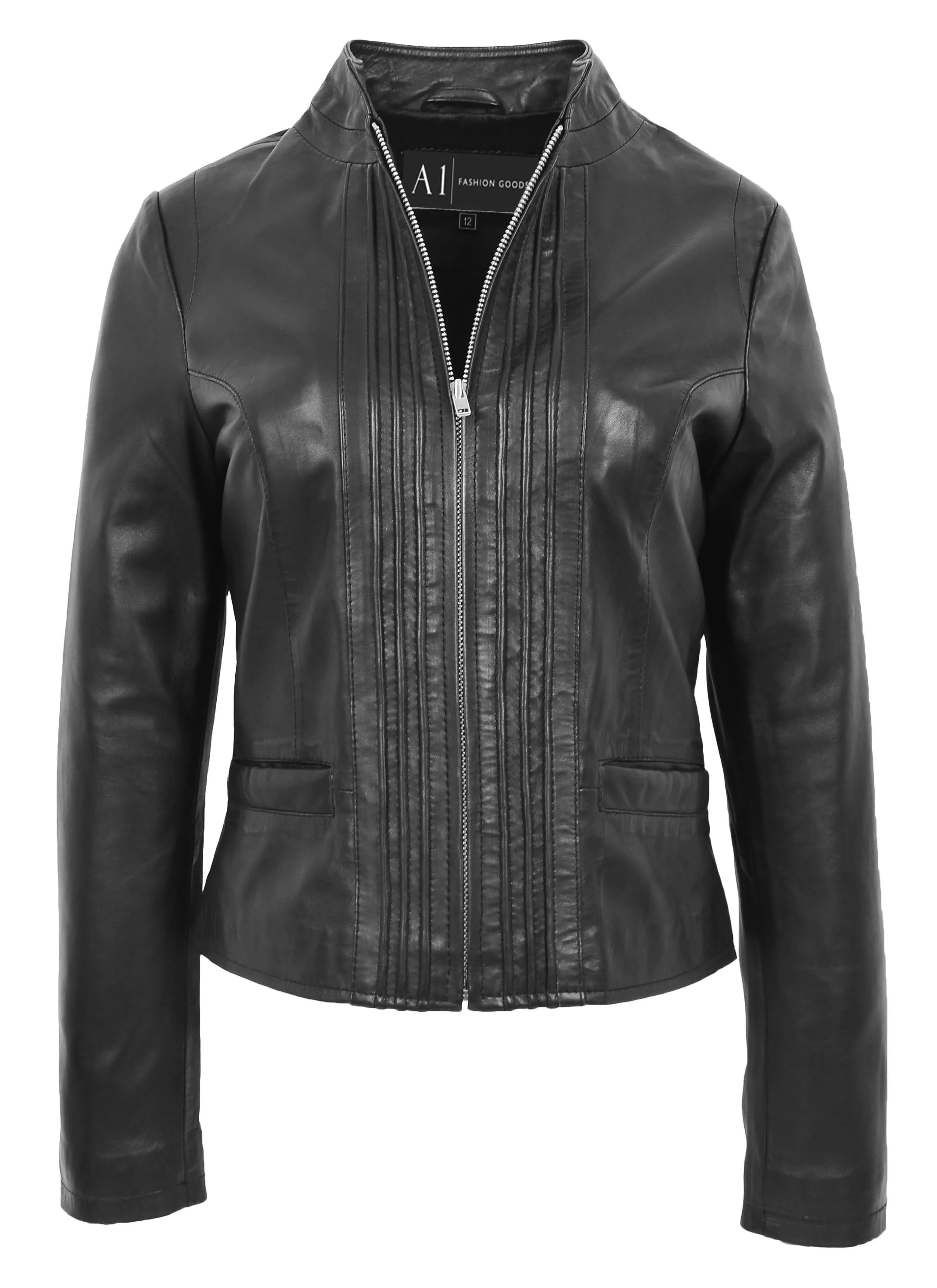 Womens Soft Black Leather Biker Jacket Stand-Up Band Collar Bliss