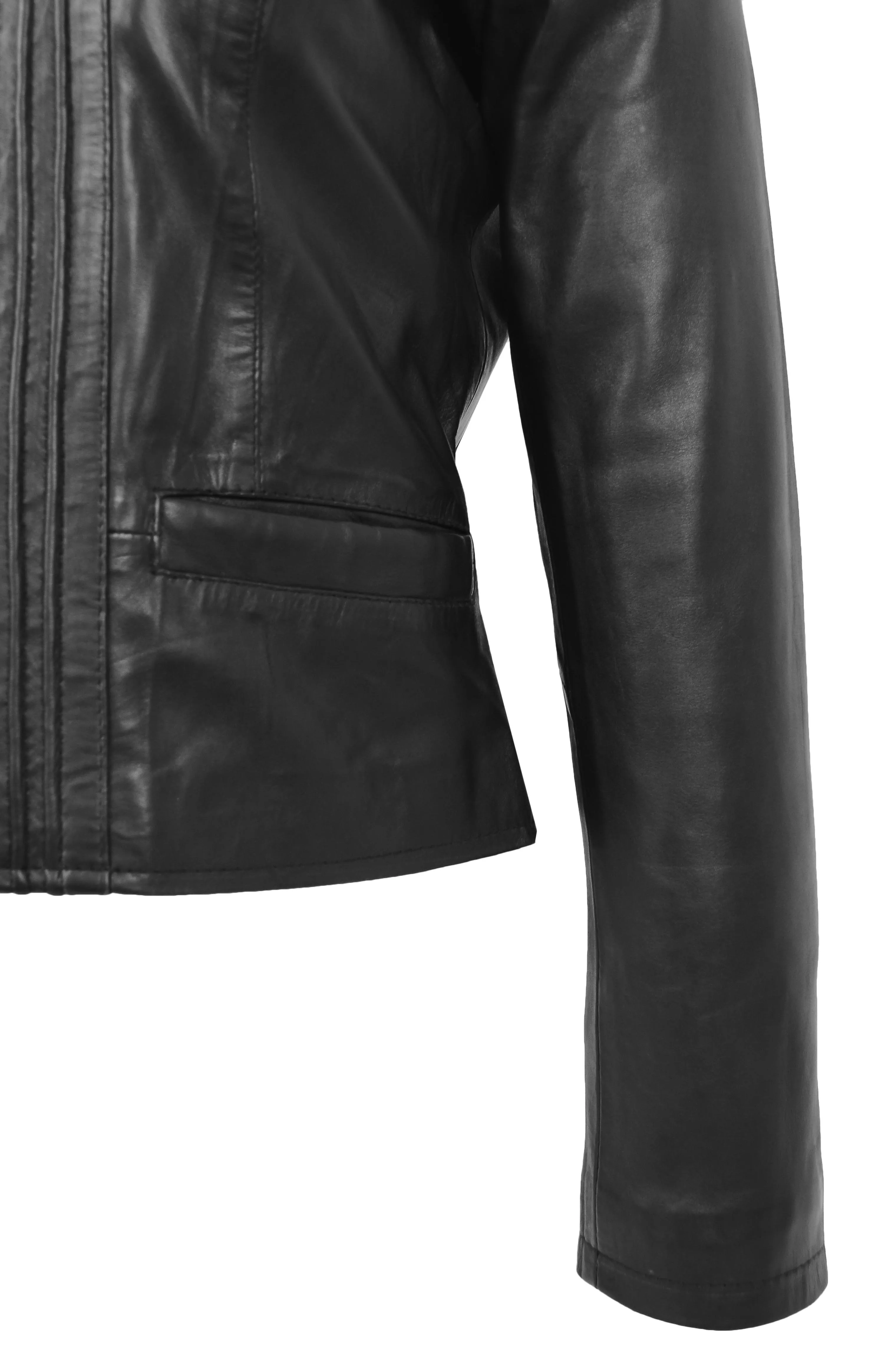 Womens Soft Black Leather Biker Jacket Stand-Up Band Collar Bliss