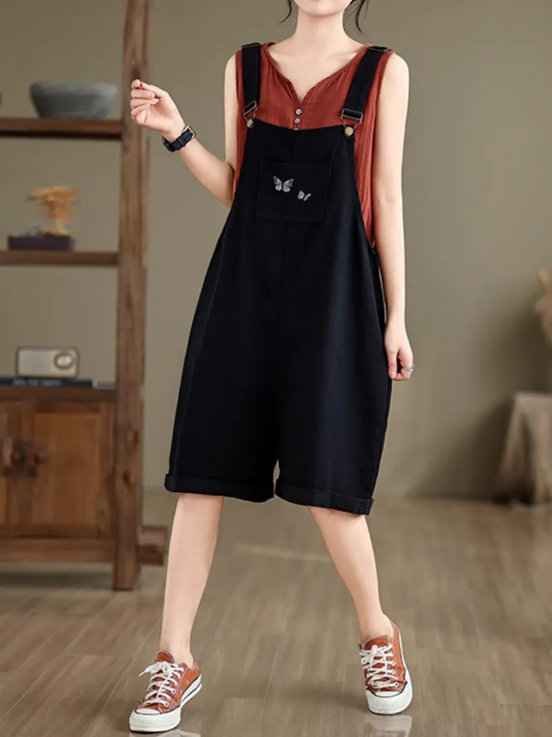 Women's Stylish Embroidered Loose Belly-Covering  Overalls Dungarees