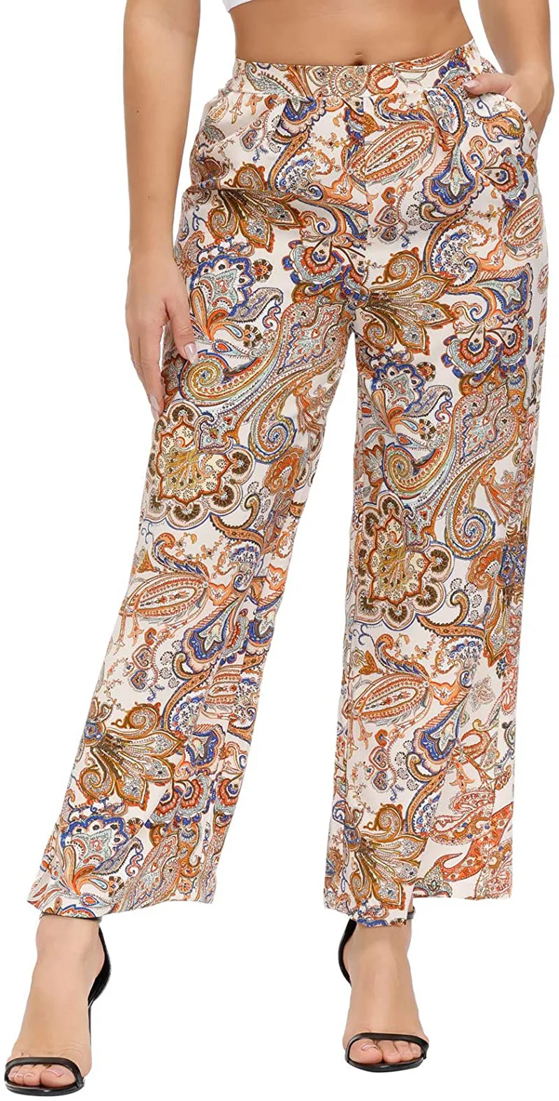 Zexxxy Womens Paisley Printed Wide Leg Pants Elastic Waist Casual Trousers with Pockets Loose Comfy Bottoms