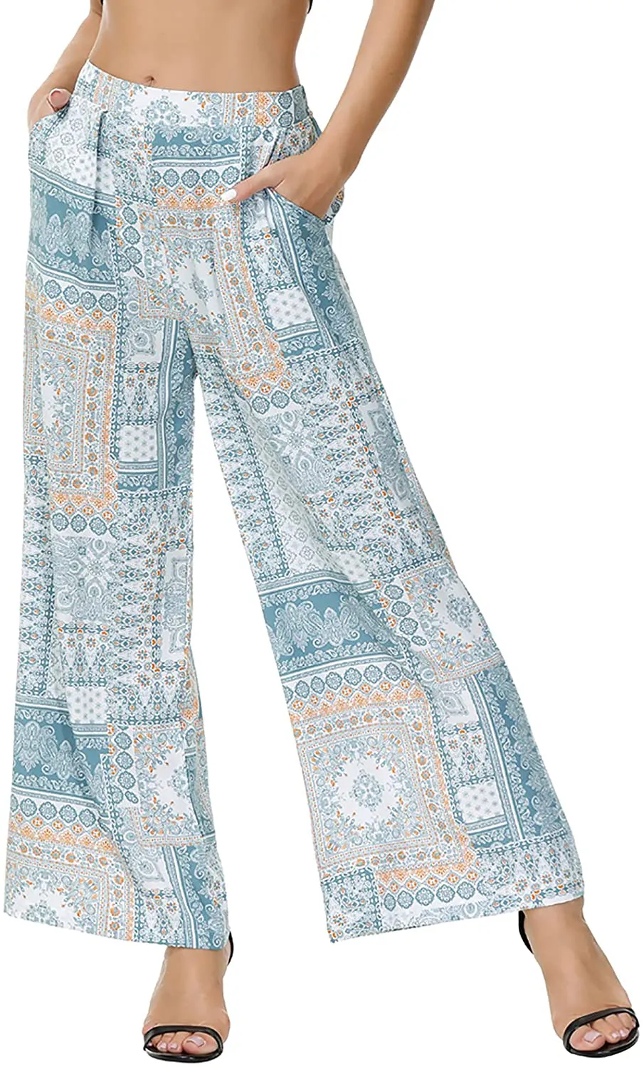 Zexxxy Womens Paisley Printed Wide Leg Pants Elastic Waist Casual Trousers with Pockets Loose Comfy Bottoms