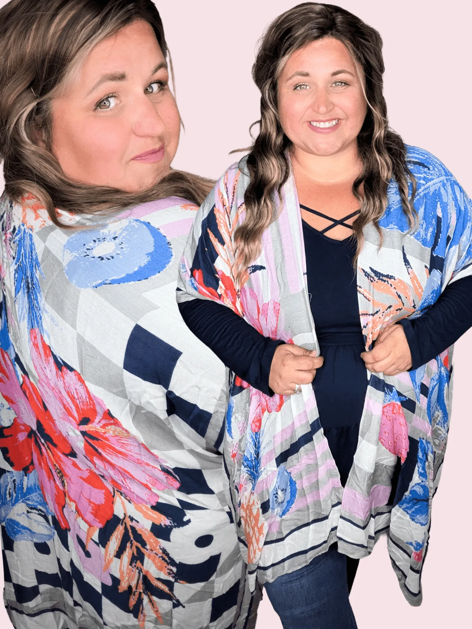 Zinnia Floral   Checkerboard Mix Kimono in Gray, Navy   Color